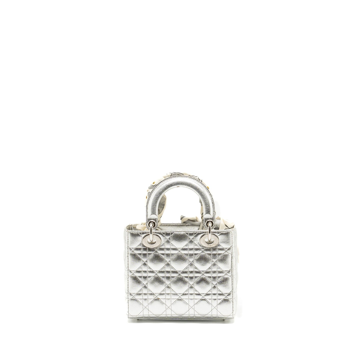 Dior My Lady Cannage Calfskin Metallic Handbag Silver Small Travel Bag