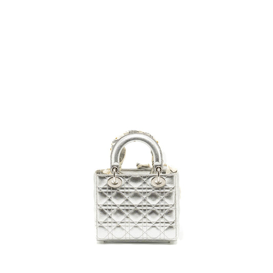 Dior My Lady Cannage Calfskin Metallic Handbag Silver Small Travel Bag