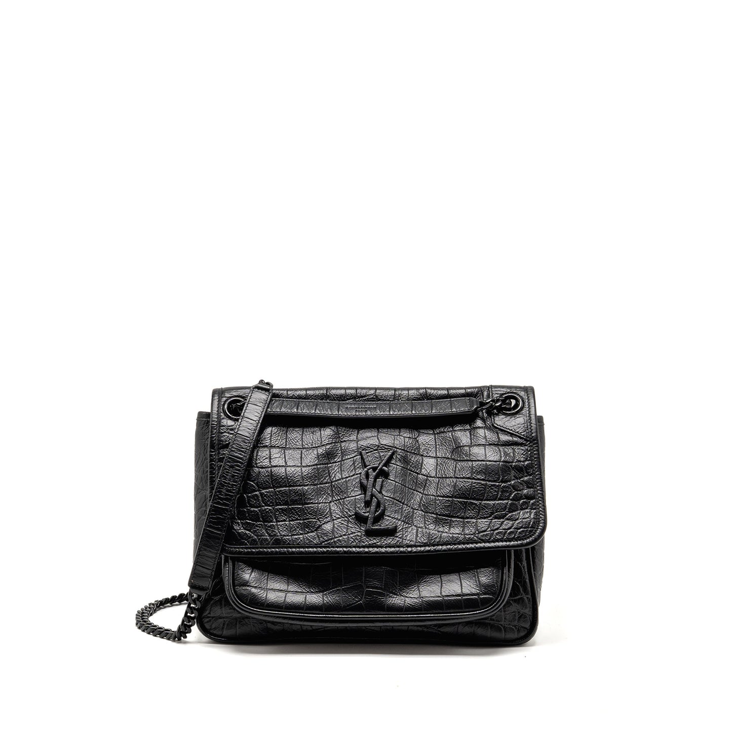 YSL Saint Laurent Niki Purse Crocodile Embossed Calfskin Hardware Travel Black Medium Travel Bag