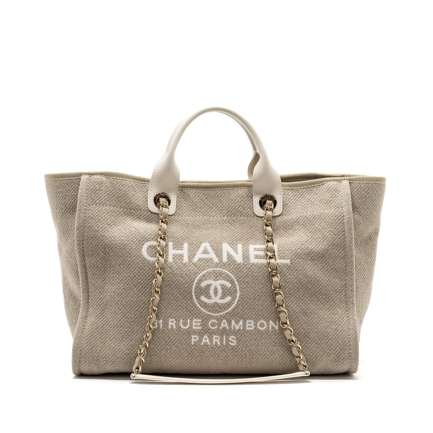 Chanel Deauville GHW microchip White Beige Canvas Leather Handbag