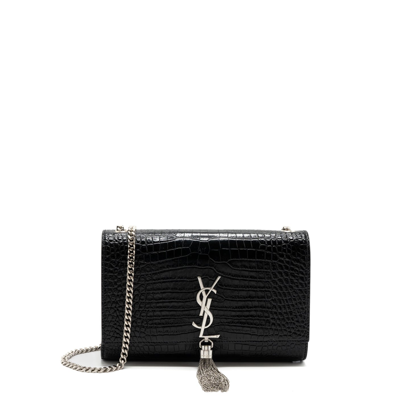 YSL Saint Laurent Kate Tassel Crocodile Calfskin Handbag Black Embossed Travel Bag