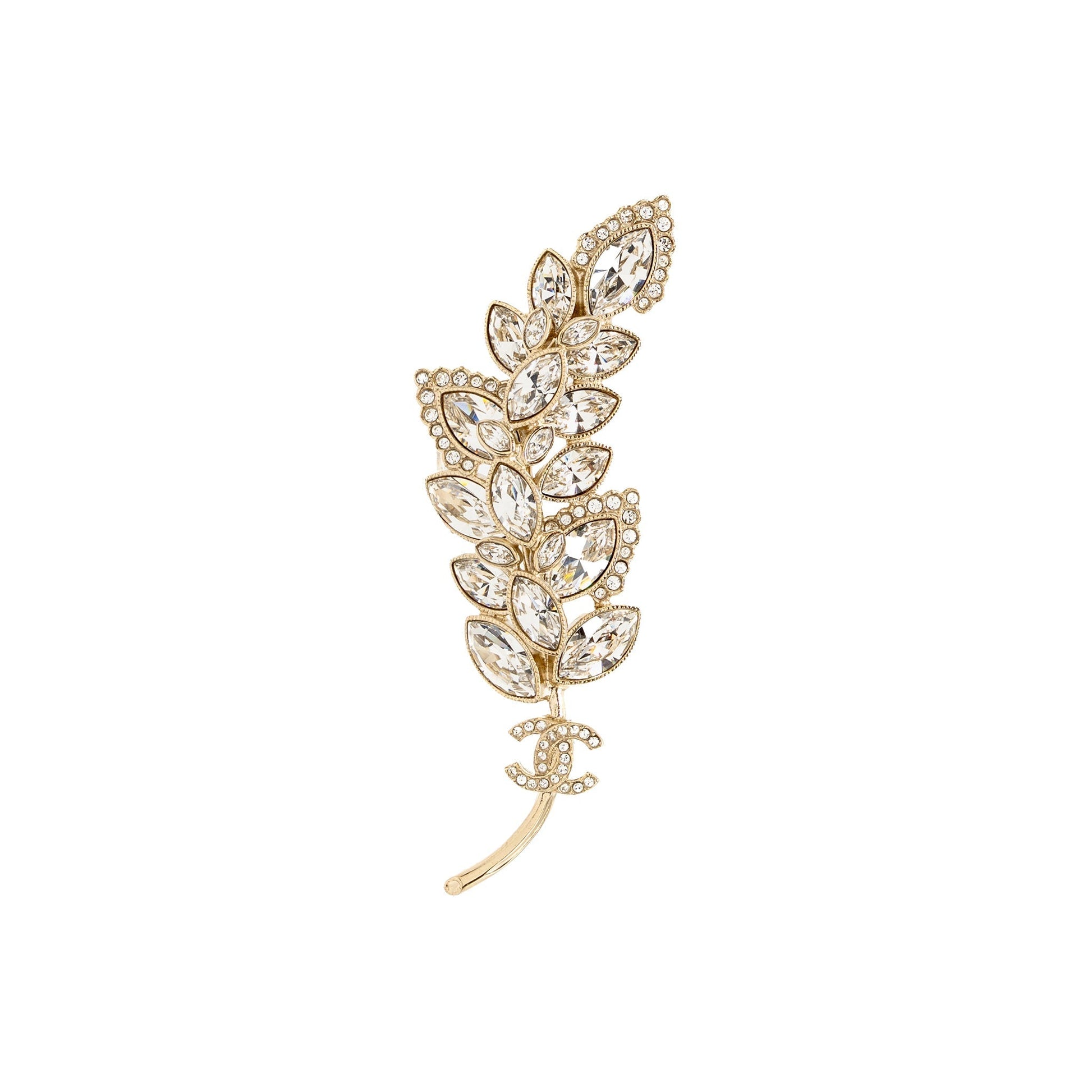 Chanel CC Leaves Brooch Crystal Light Tone Gold Handbag