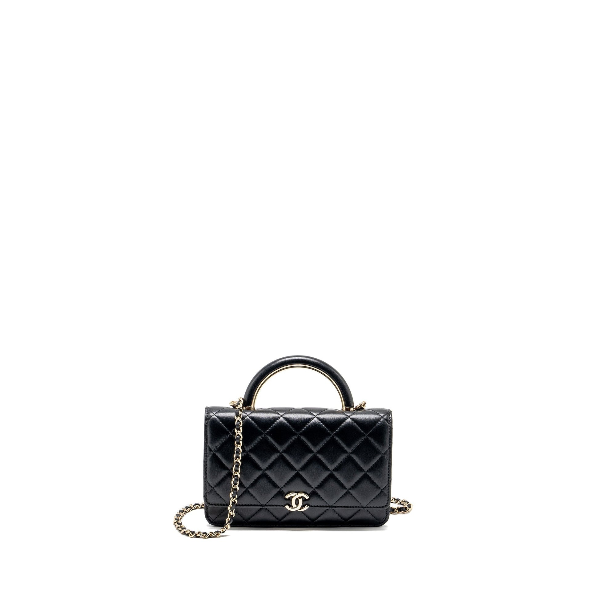 Chanel top handle on lambskin LGHW microchip Black Leather Wallet Case