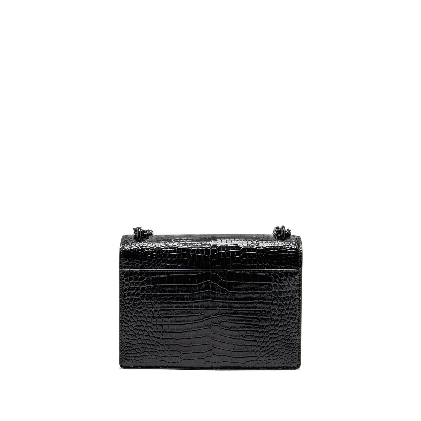 YSL Saint Laurent Sunset Crocodile Calfskin Handbag Black Medium Embossed Travel Bag