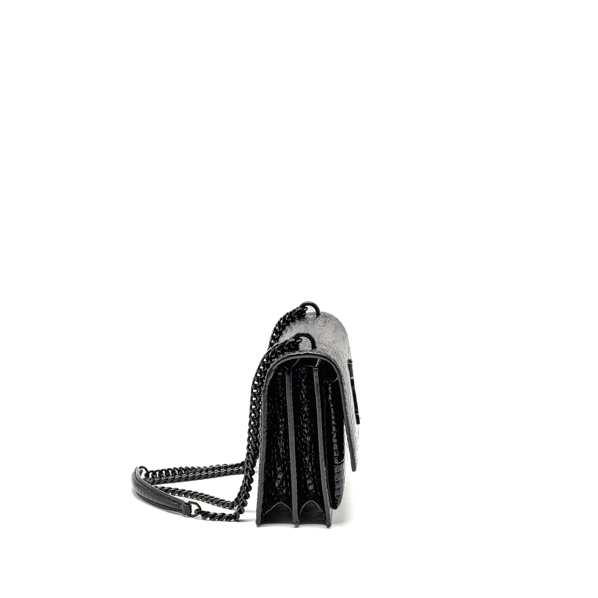 YSL Saint Laurent Sunset Crocodile Calfskin Handbag Black Medium Embossed Travel Bag