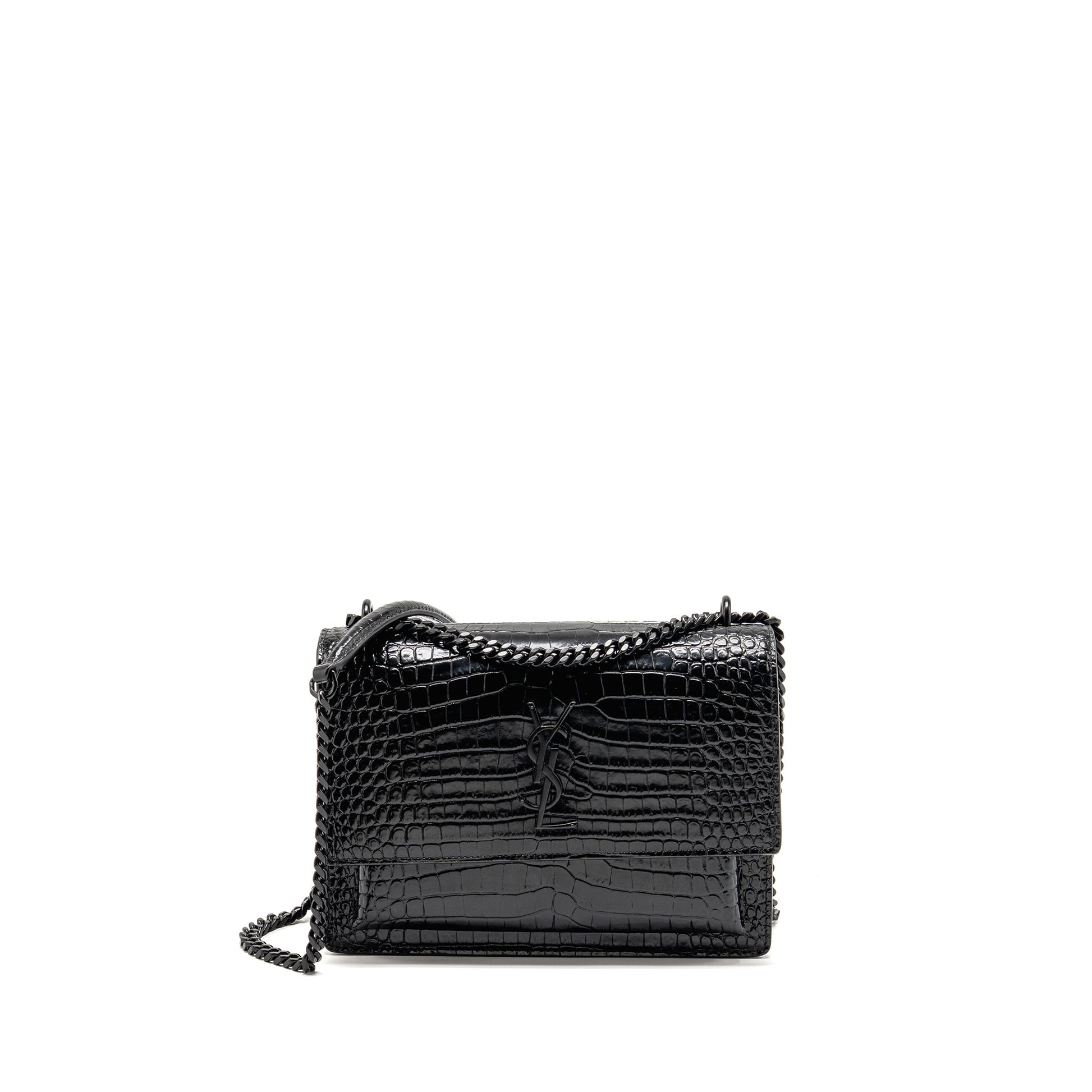 YSL Saint Laurent Sunset Crocodile Calfskin Handbag Black Medium Embossed Travel Bag