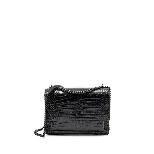 YSL Saint Laurent Sunset Crocodile Calfskin Handbag Black Medium Embossed Travel Bag