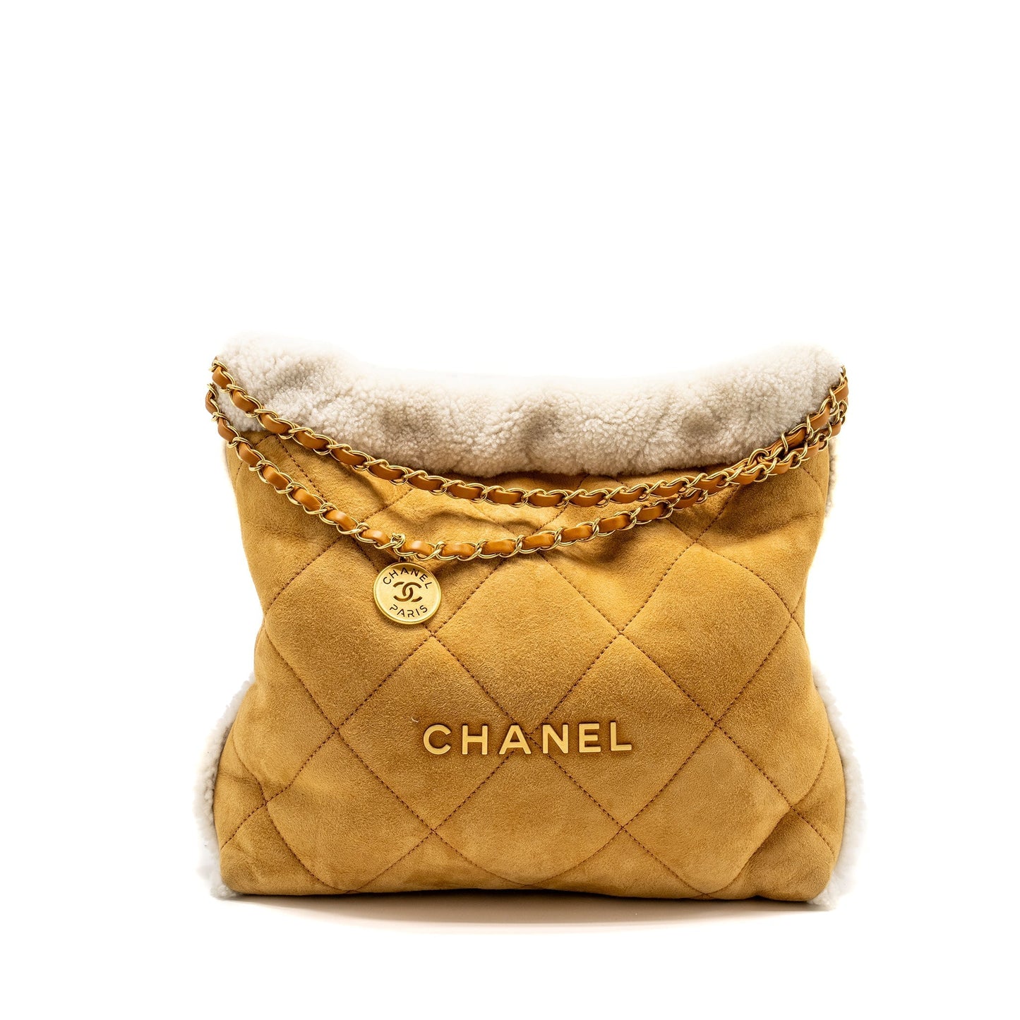 Chanel 22 Quilted Shearling Suede Camel GHW Handbag