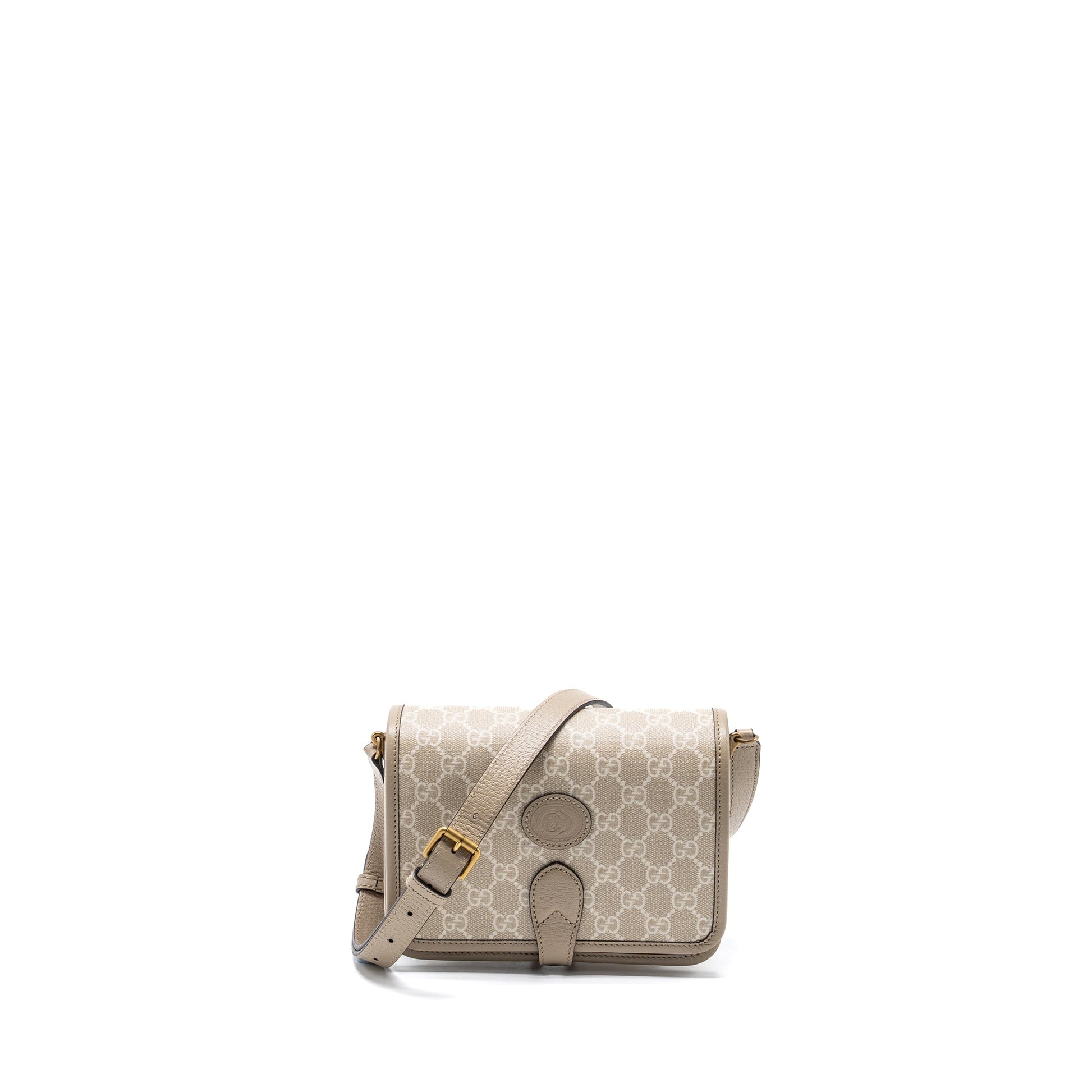 Gucci Interlock Crossbody Messanger Bag Calfskin Light Grey Canvas Logo Crossbody Bag