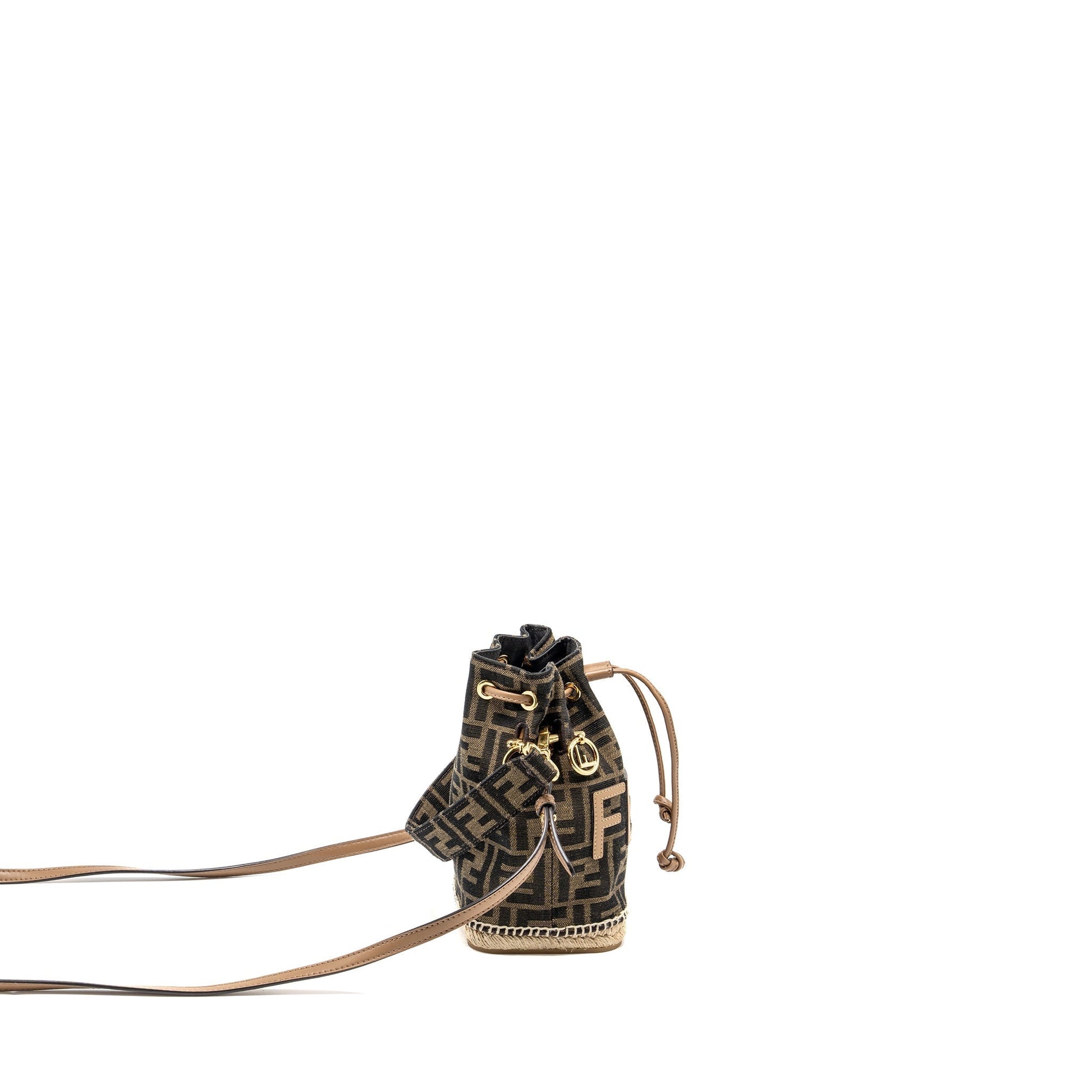 Fendi Mon Tresor Purse Jacquard Fabric Calfskin Brown Mini Bucket Bucket Bag