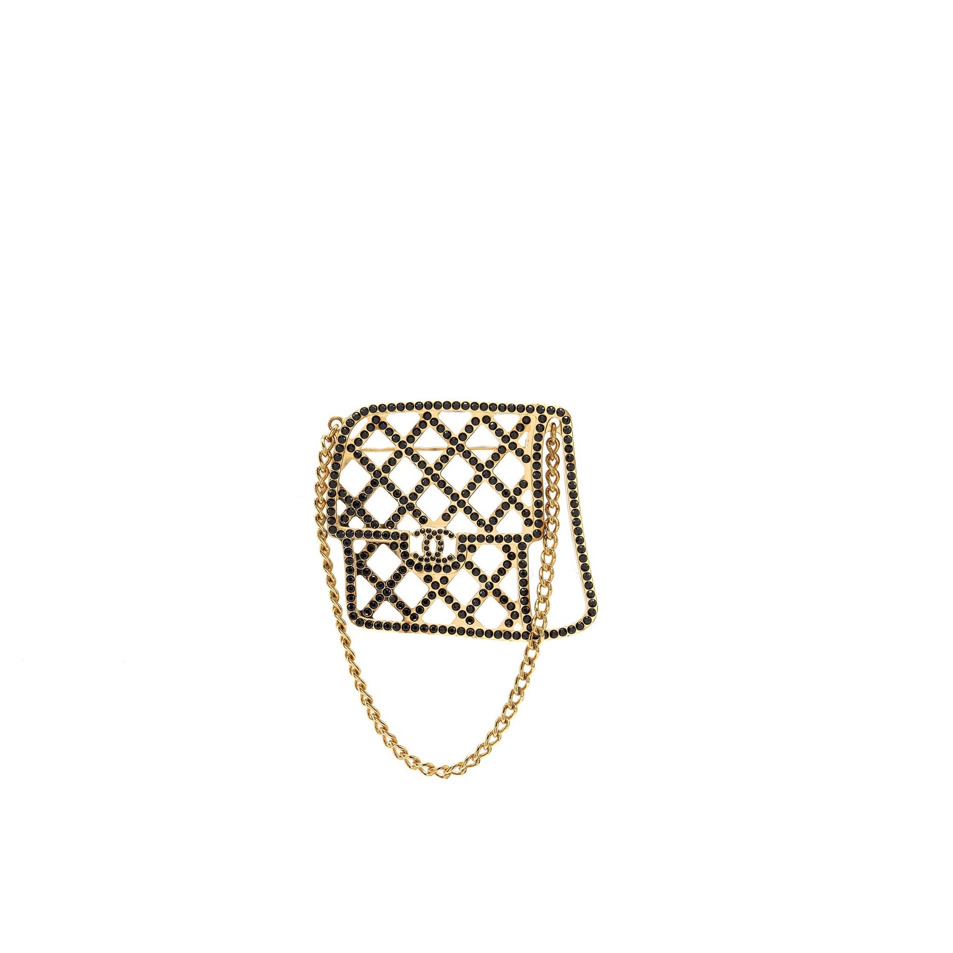 Chanel flap brooch crystal tone Black Gold Shoulder Bag