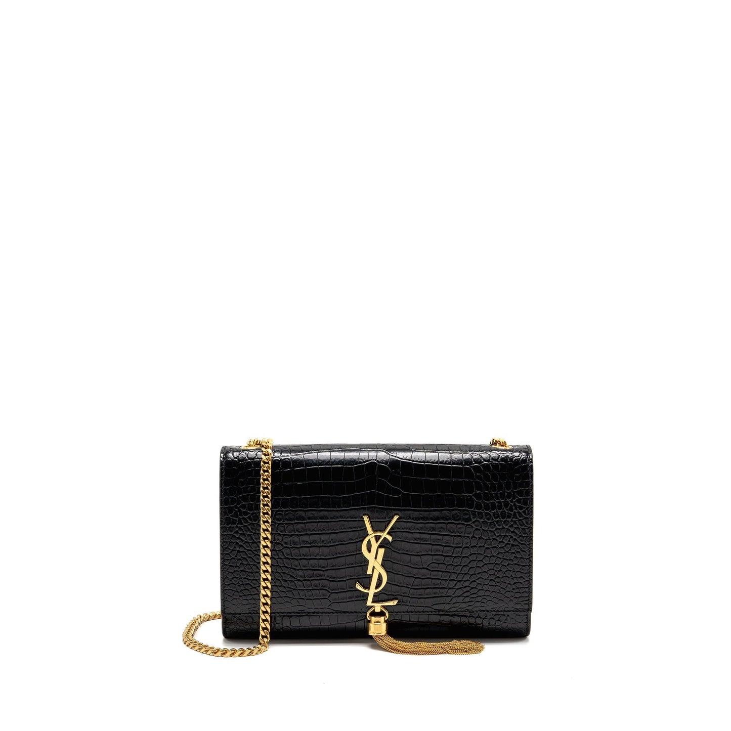 YSL Saint Laurent Kate Tassel Purse Crocodile Embossed Calfskin Travel Black Medium Travel Bag