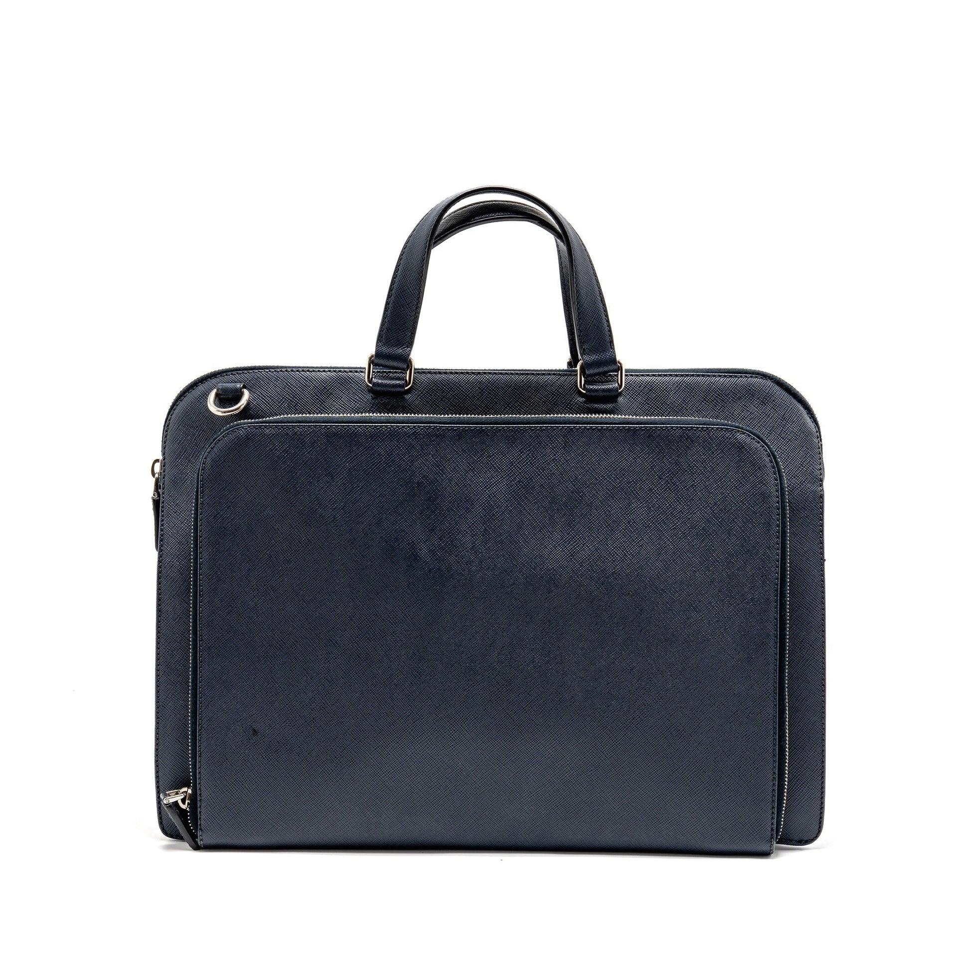 Prada Saffiano Travel Briefcase Calfskin Dark Handbag Blue Travel Bag
