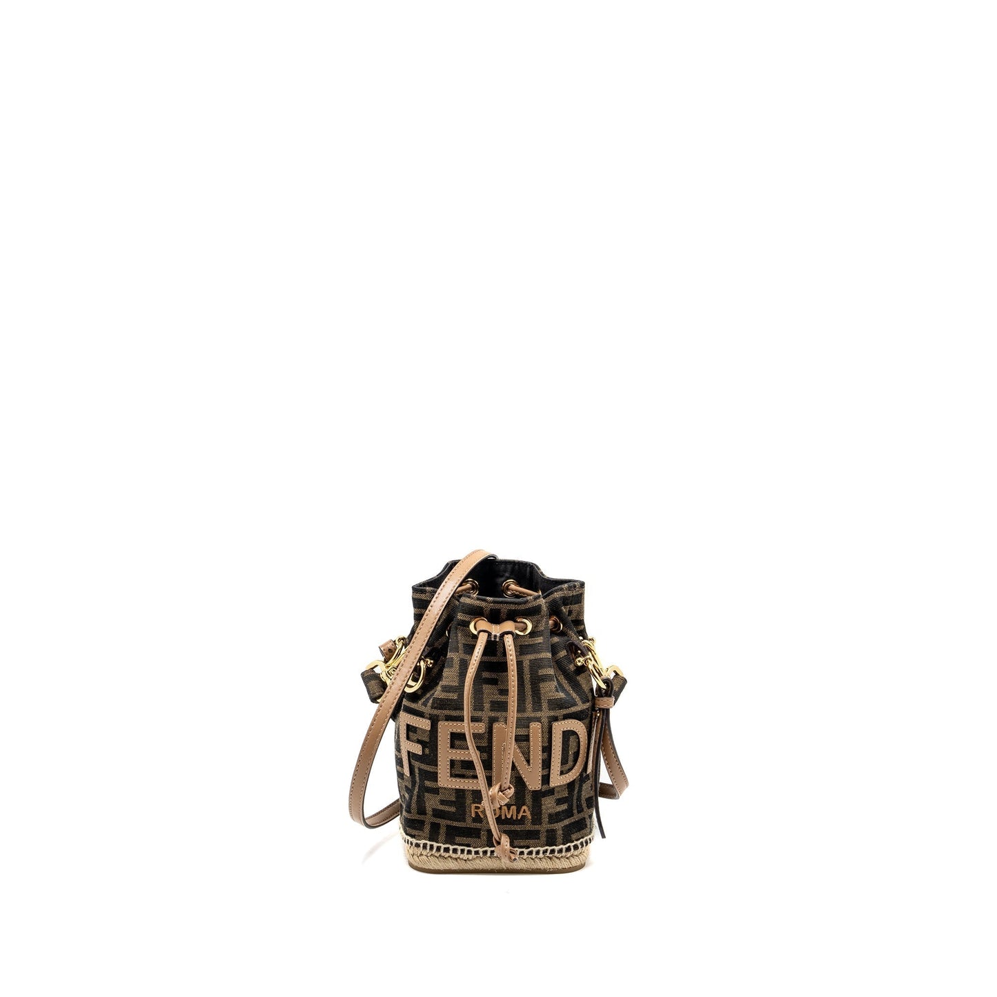 Fendi Mon Tresor Purse Jacquard Fabric Calfskin Brown Mini Bucket Bucket Bag