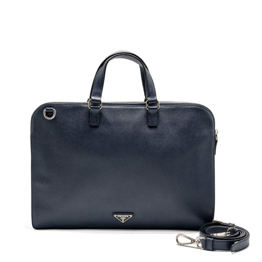 Prada Saffiano Travel Briefcase Calfskin Dark Handbag Blue Travel Bag
