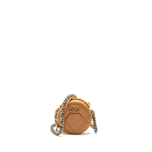 Chanel 19 Round Lambskin Caramel Hardware Microchip Multicolour Clutch Bag Hardware Microchip