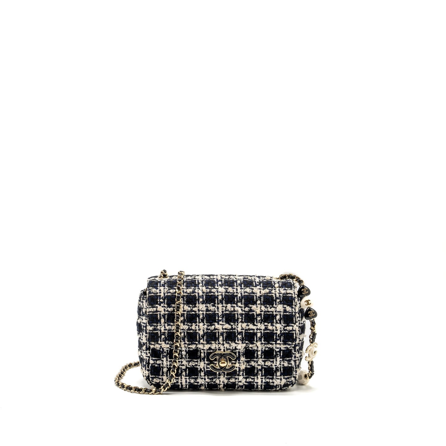 Chanel Flap Detailed Tweed LGHW Microchip Black White Shoulder Bag