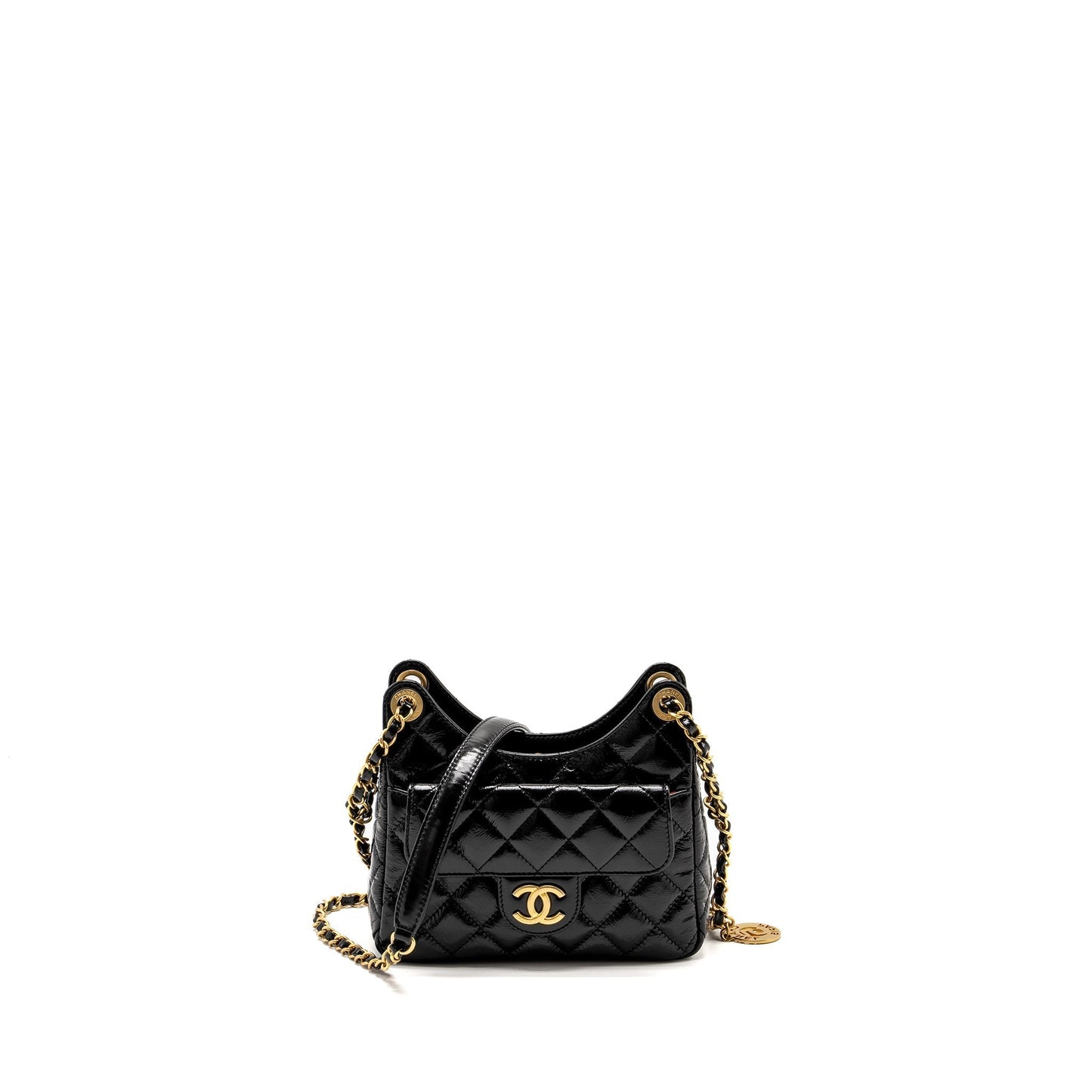 Chanel 23C Hobo Shiny Calfskin Brushed GHW Black Small Shoulder Bag Brushed Ghwmicrochip