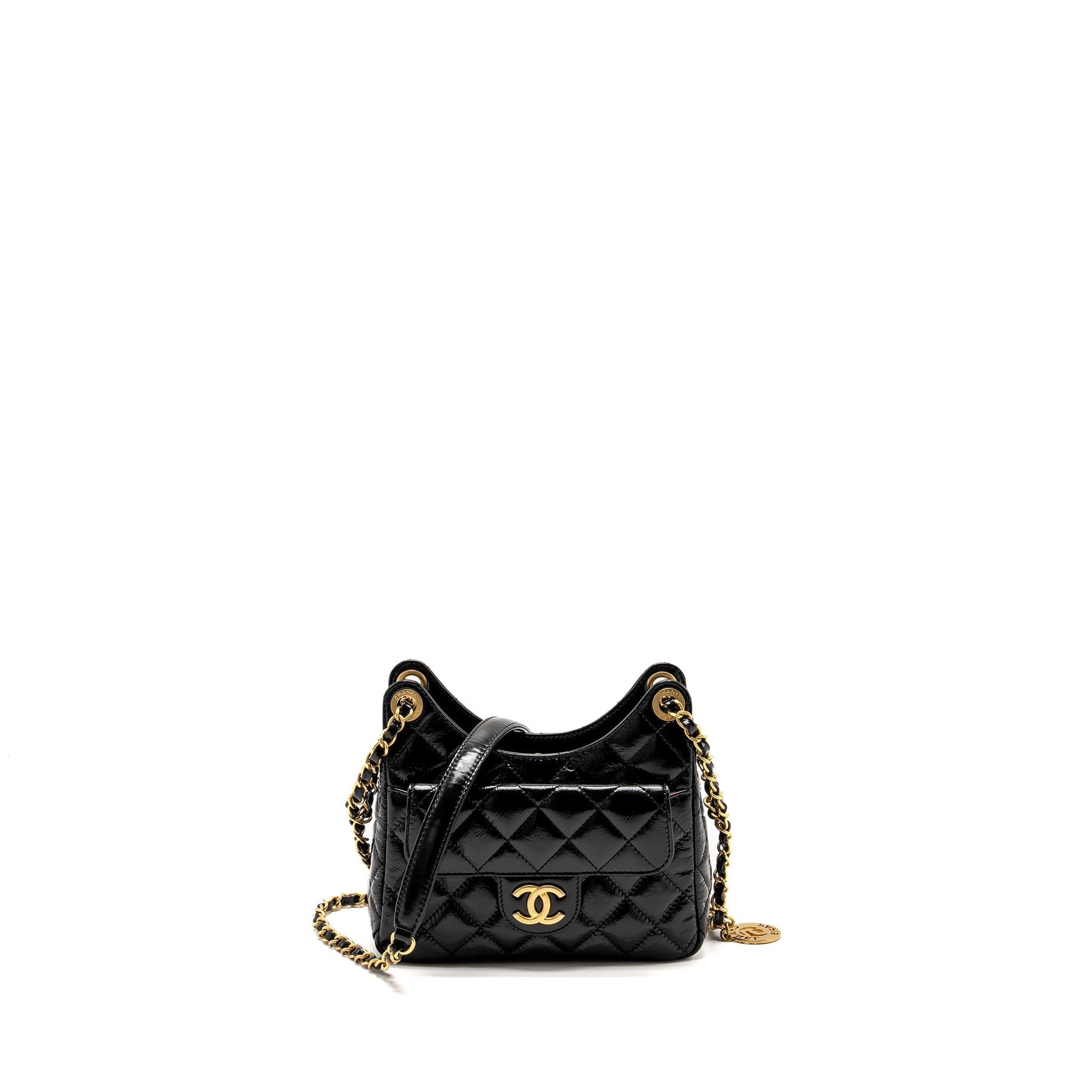 Chanel 23C Hobo Shiny Calfskin Brushed GHW Black Small Shoulder Bag Brushed Ghwmicrochip