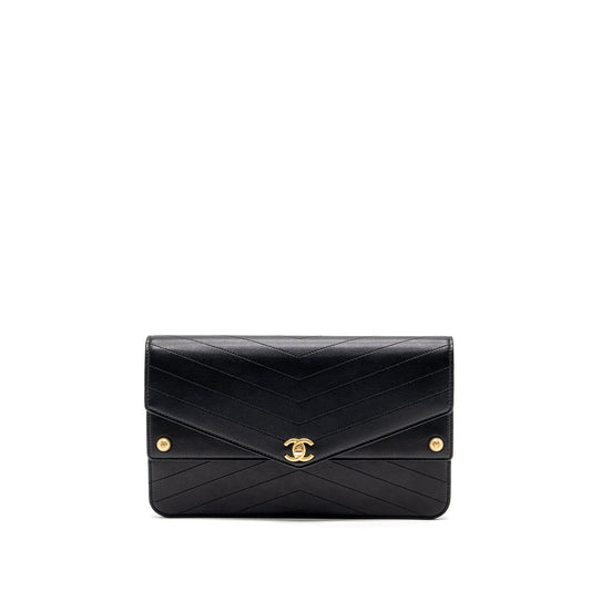 Chanel Voyage Chevron Calfskin GHW Black Clutch Bag