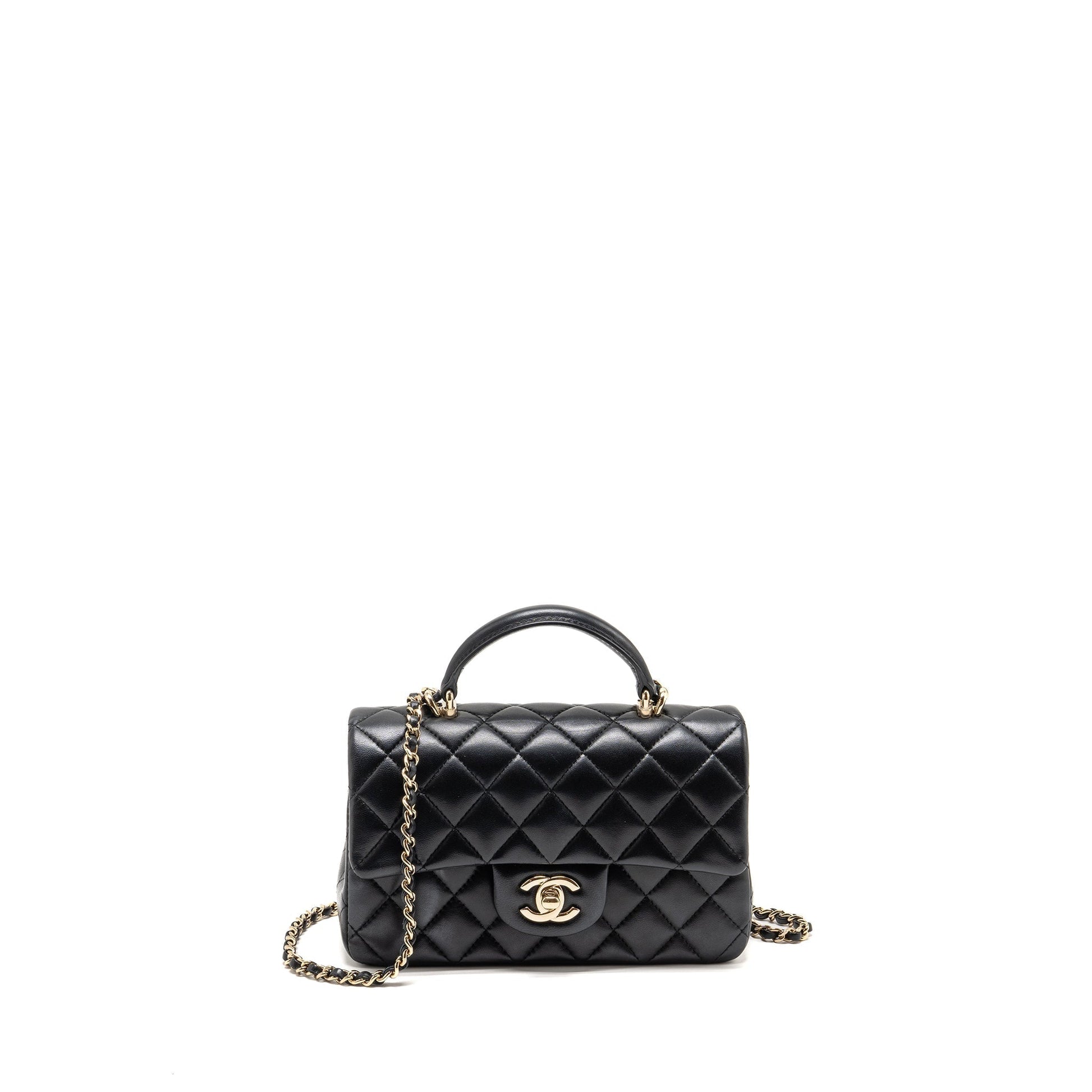 Chanel Top Handle Rectangular Flap Lambskin LGHW Black Shoulder Bag Microchip 9