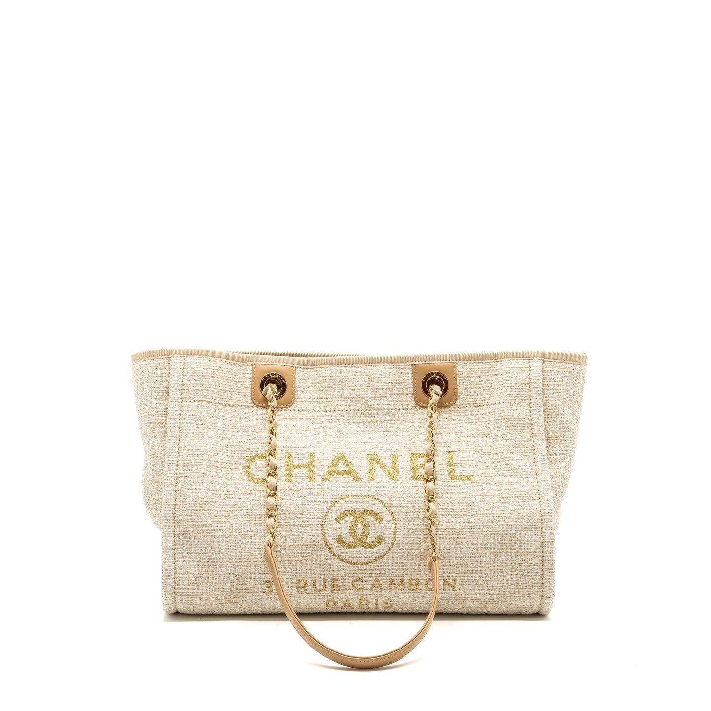Chanel Deauville Light GHW Gold Beige Canvas Leather Handbag