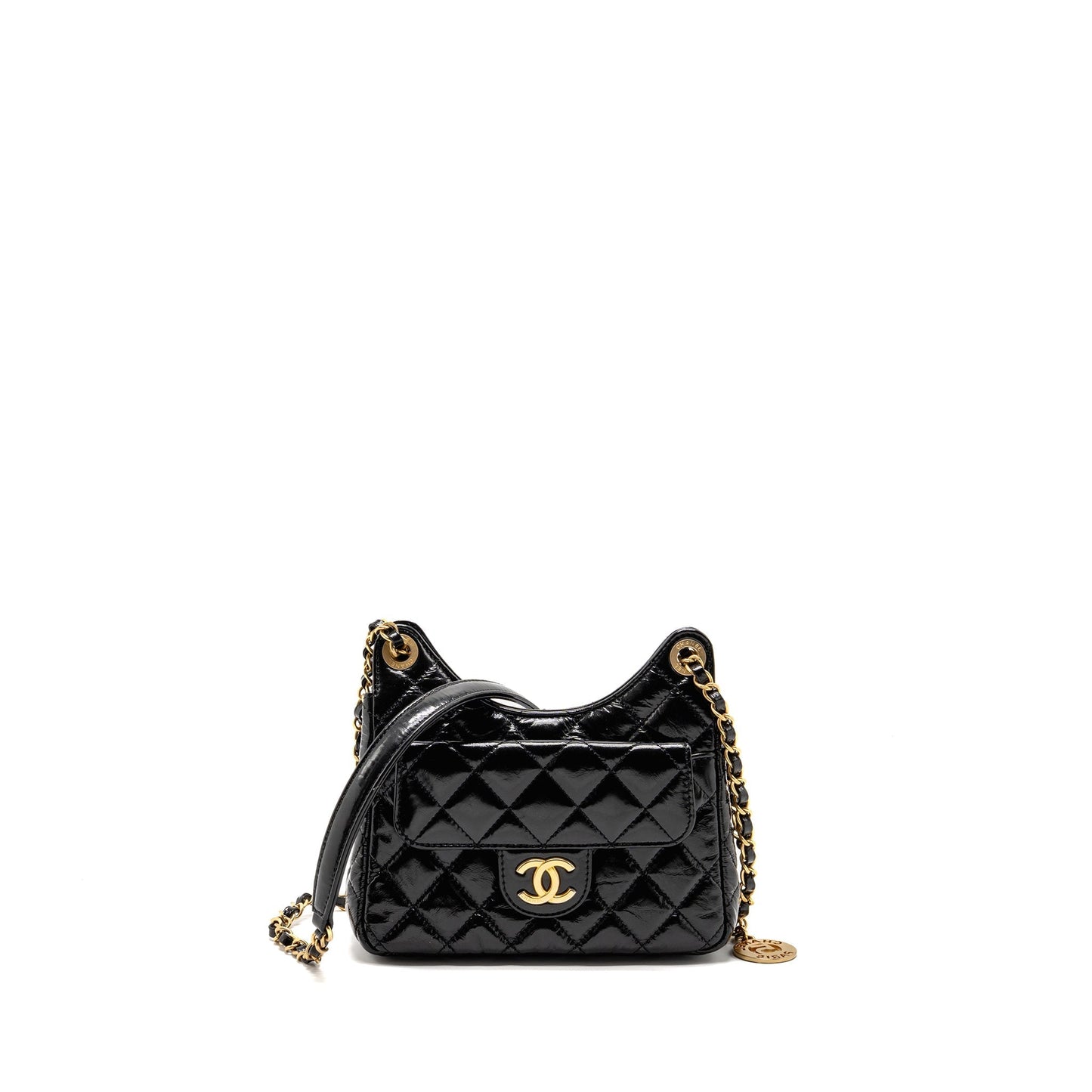 Chanel 23p Hobo Shiny Calfskin Brushed GHW Black Shoulder Bag