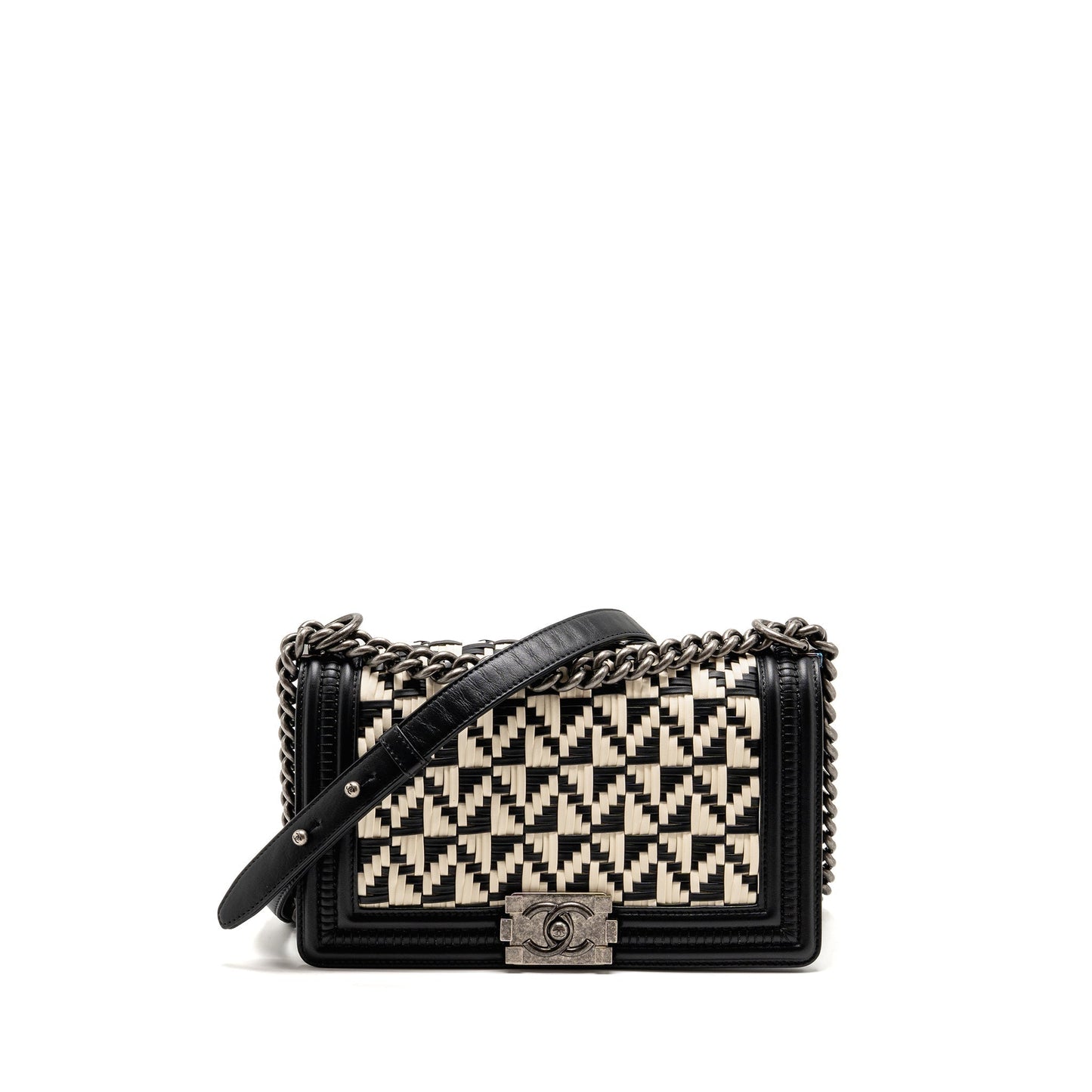 Chanel Boy Woven Ruthenium Hardware Black White Handbag