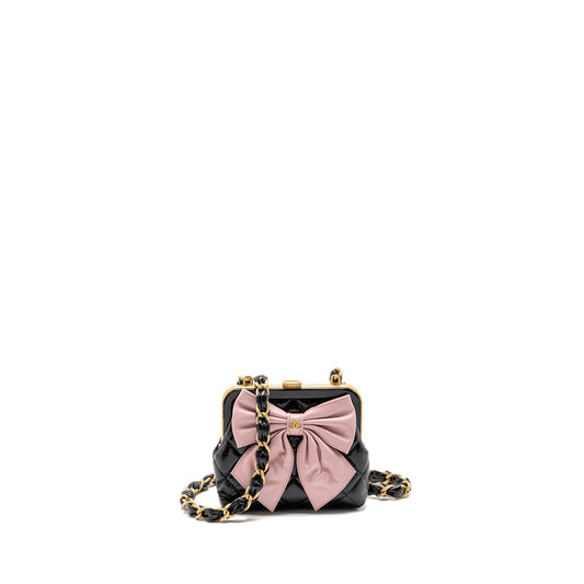 Chanel 24A bow knot patent crumpled lambskin Black Pink Clutch Bag