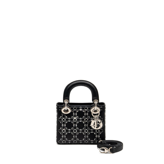 Dior Lady Crystal Handbag Satin Black Travel Bag