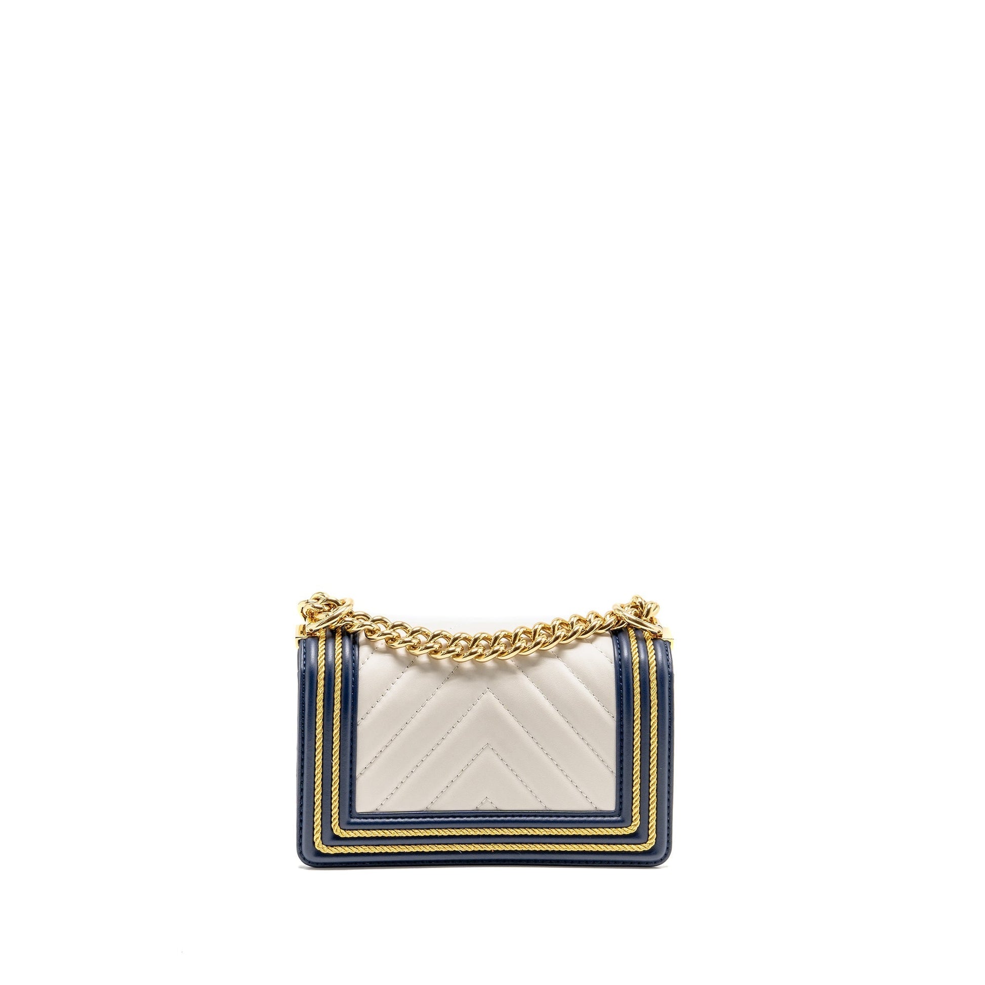 Chanel Chevron Boy Calfskin Navy GHW White Small Handbag