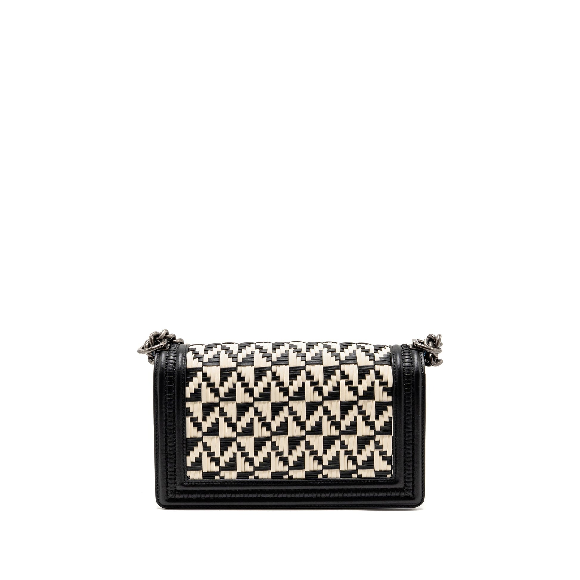 Chanel Boy Woven Ruthenium Hardware Black White Handbag