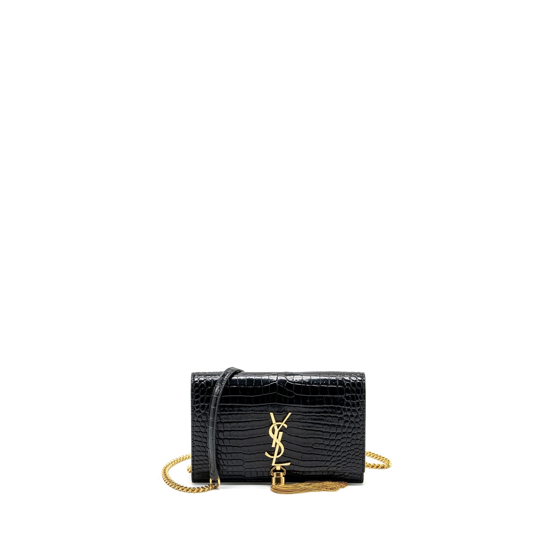 YSL Saint Laurent Kate Tassel Crocodile Embossed Calfskin Travel Bag Black