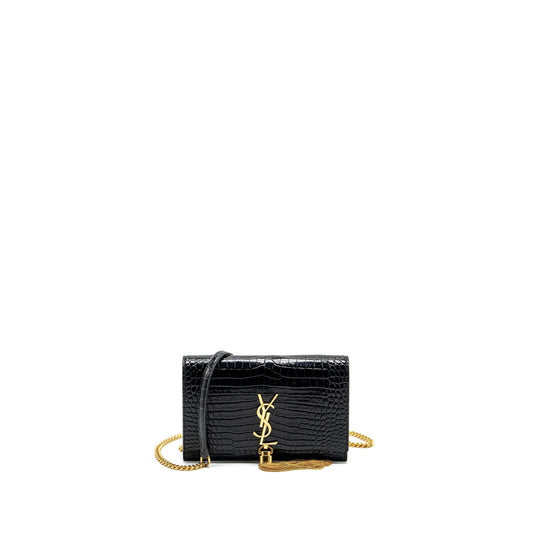 YSL Saint Laurent Kate Tassel Crocodile Embossed Calfskin Travel Bag Black