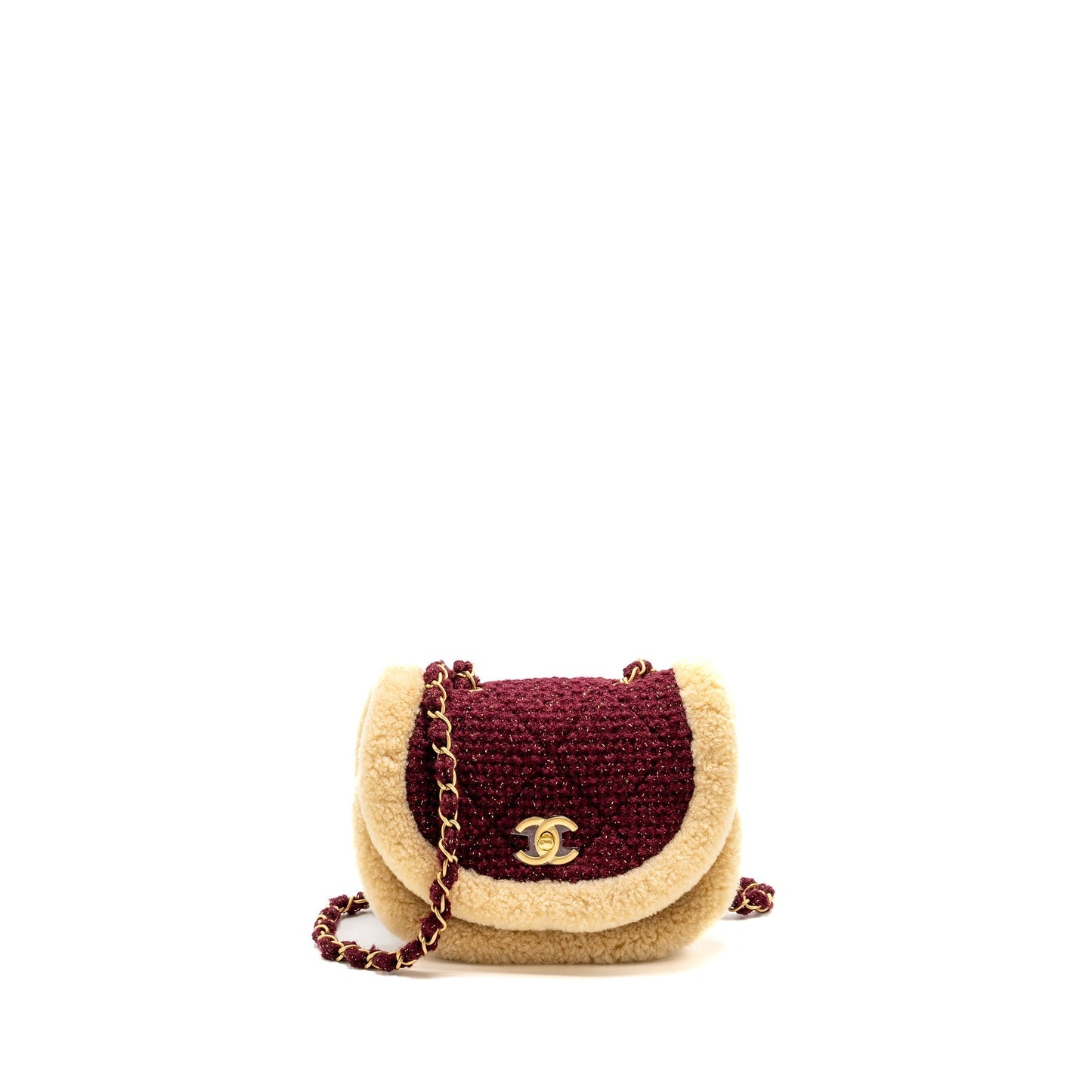Chanel 22K Messenger Flap Shearling Tweed Burgundy Beige Shoulder Bag