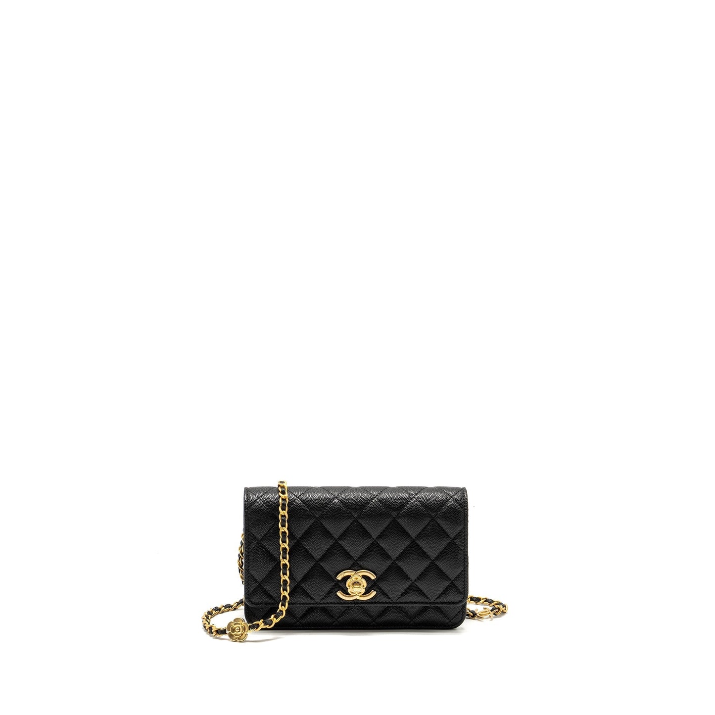 Chanel Camellia on Caviar GHW Microchip Black Wallet Case
