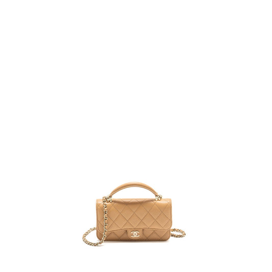 Chanel top handle flap lambskin LGHW Microchip Beige Clutch Bag