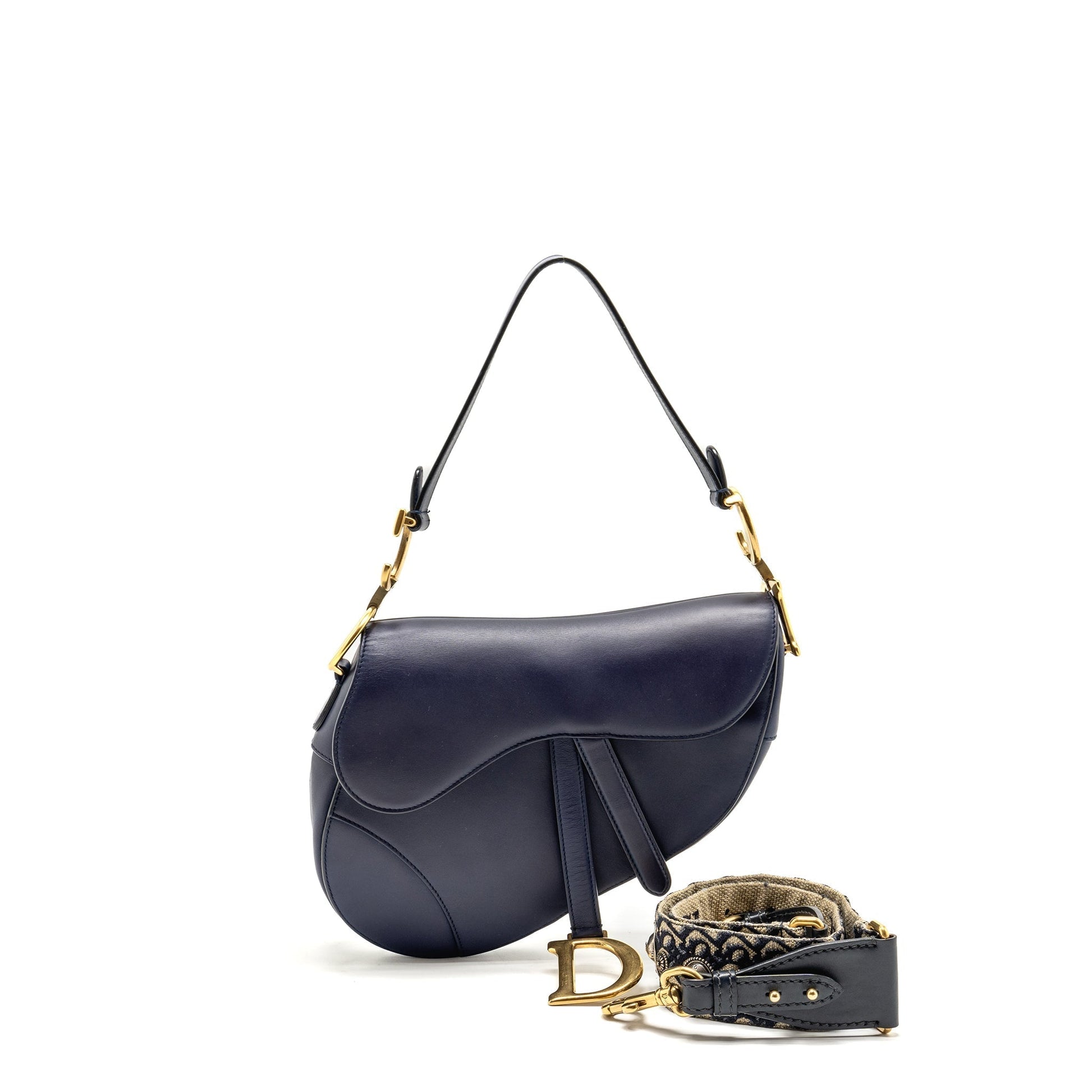 Dior Saddle Purse Calfskin Navy With Oblique Strap Black Medium Travel Bag