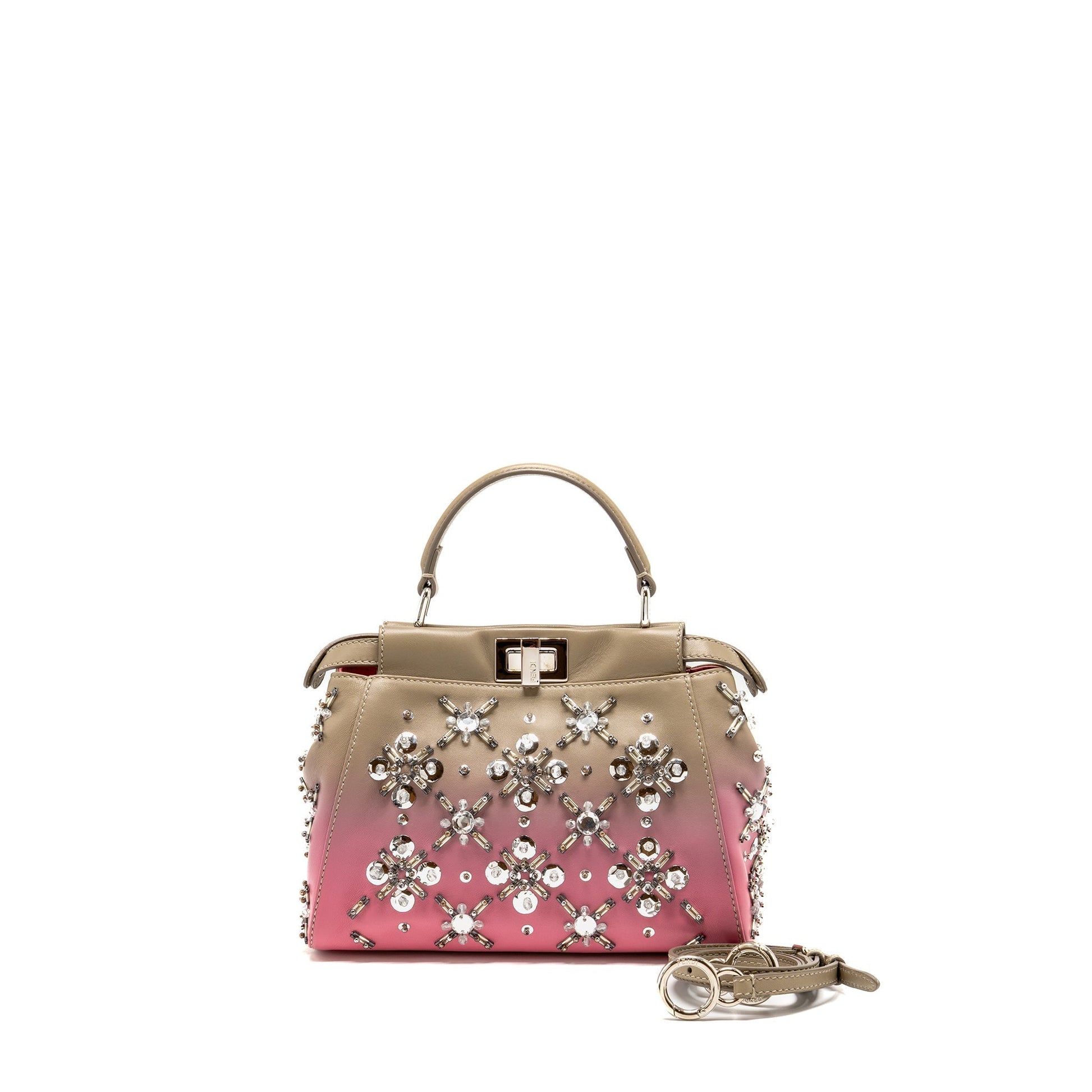 Fendi Peekaboo Purse Crystal Embellished Ombre Taupe Leather Pink Mini Travel Bag