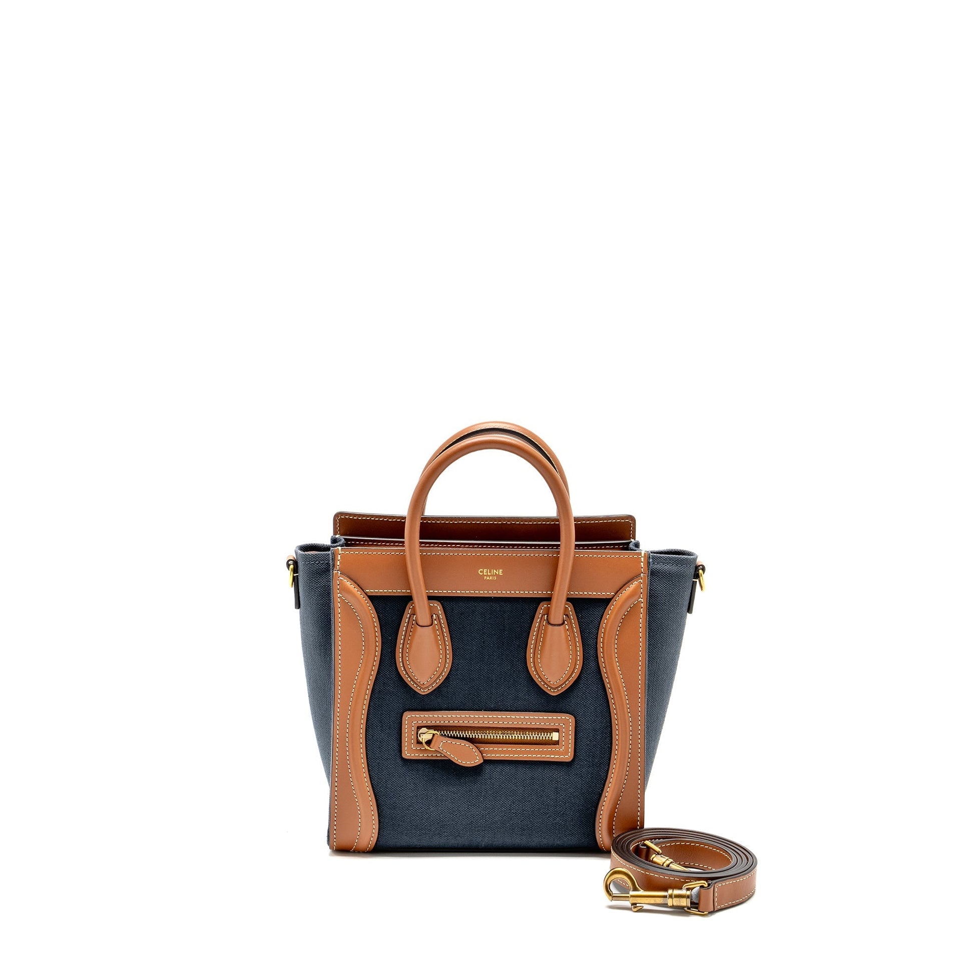 Celine Nano Luggage Purse Calfskin Navy Handbag Denim Tan Travel Bag