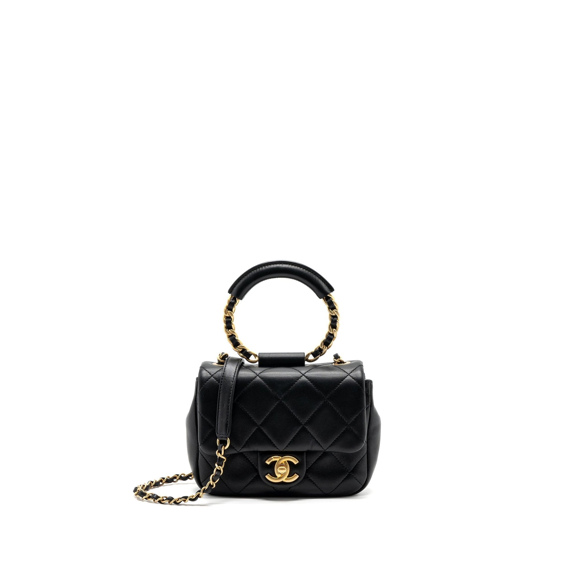Chanel CIRCULAR HANDLE QUILTED FLAP LAMBSKIN BRUSHED Black Shoulder Bag Ghw 1
