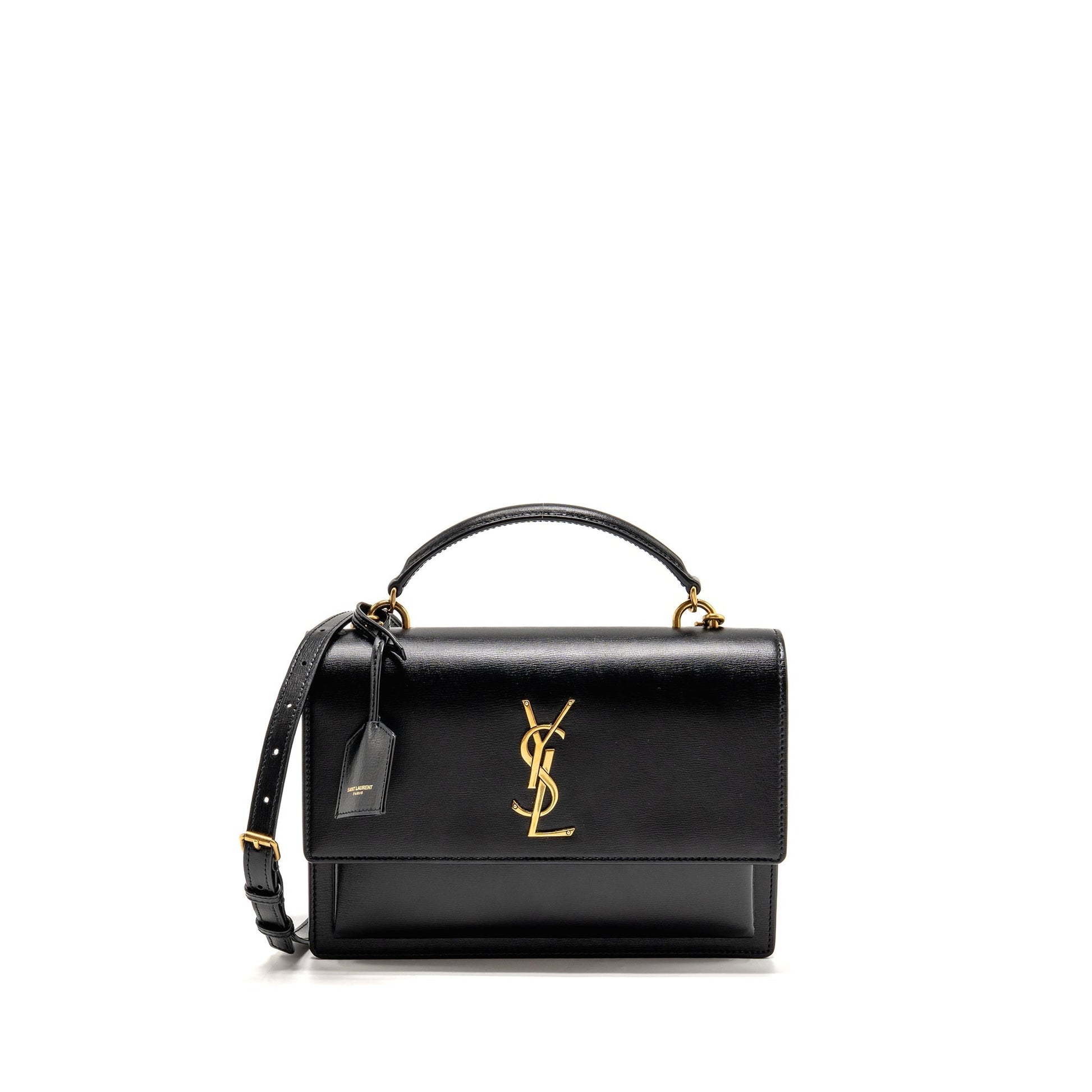 YSL Saint Laurent Top Handle Sunset Purse Calfskin Travel Bag Black Medium