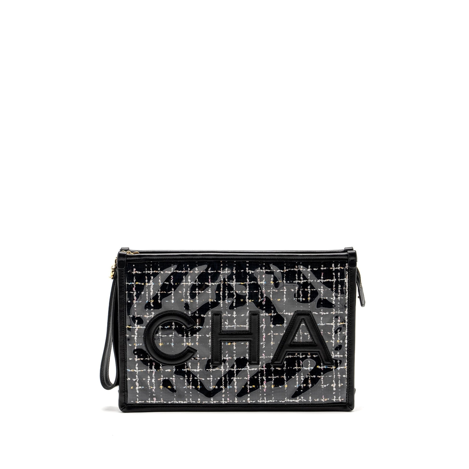 Chanel Letter Logo Tweed PVC Lambskin LGHW Black Clutch Bag