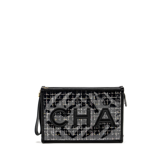 Chanel Letter Logo Tweed PVC Lambskin LGHW Black Clutch Bag