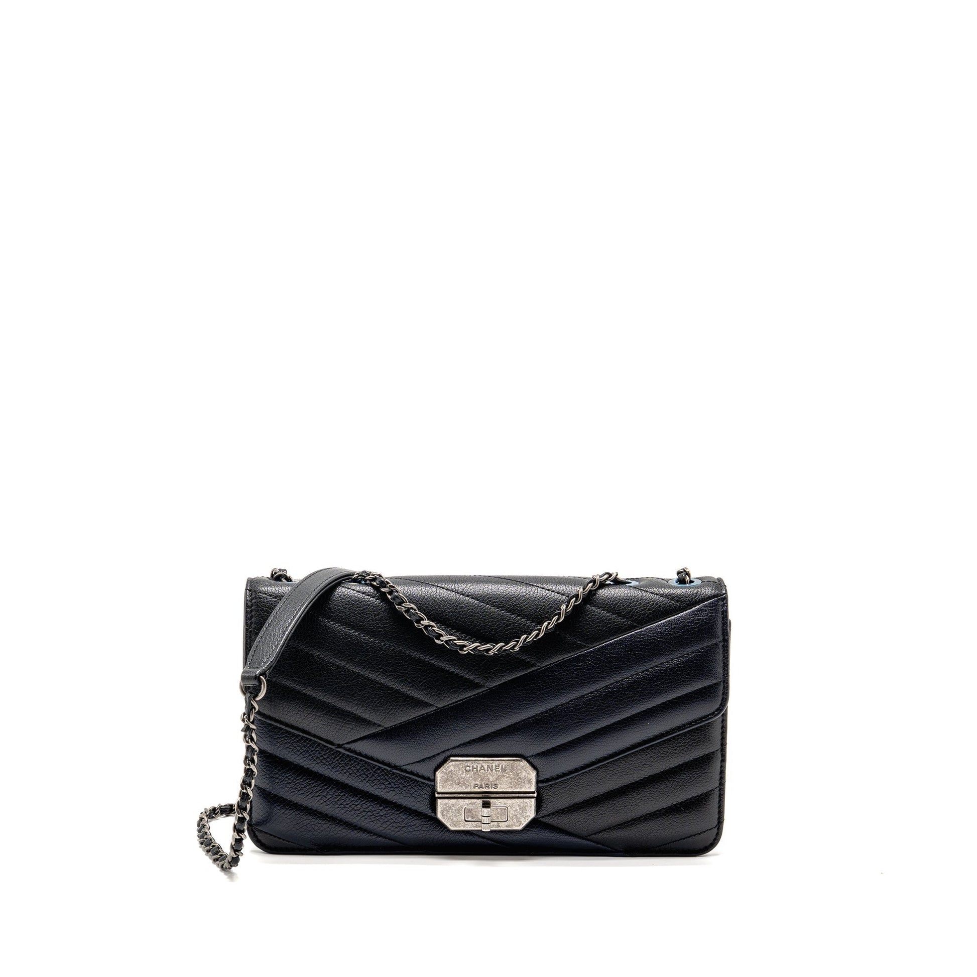 Chanel Envelop ck Navy Ruthenium Hardware Black Silver Shoulder Bag