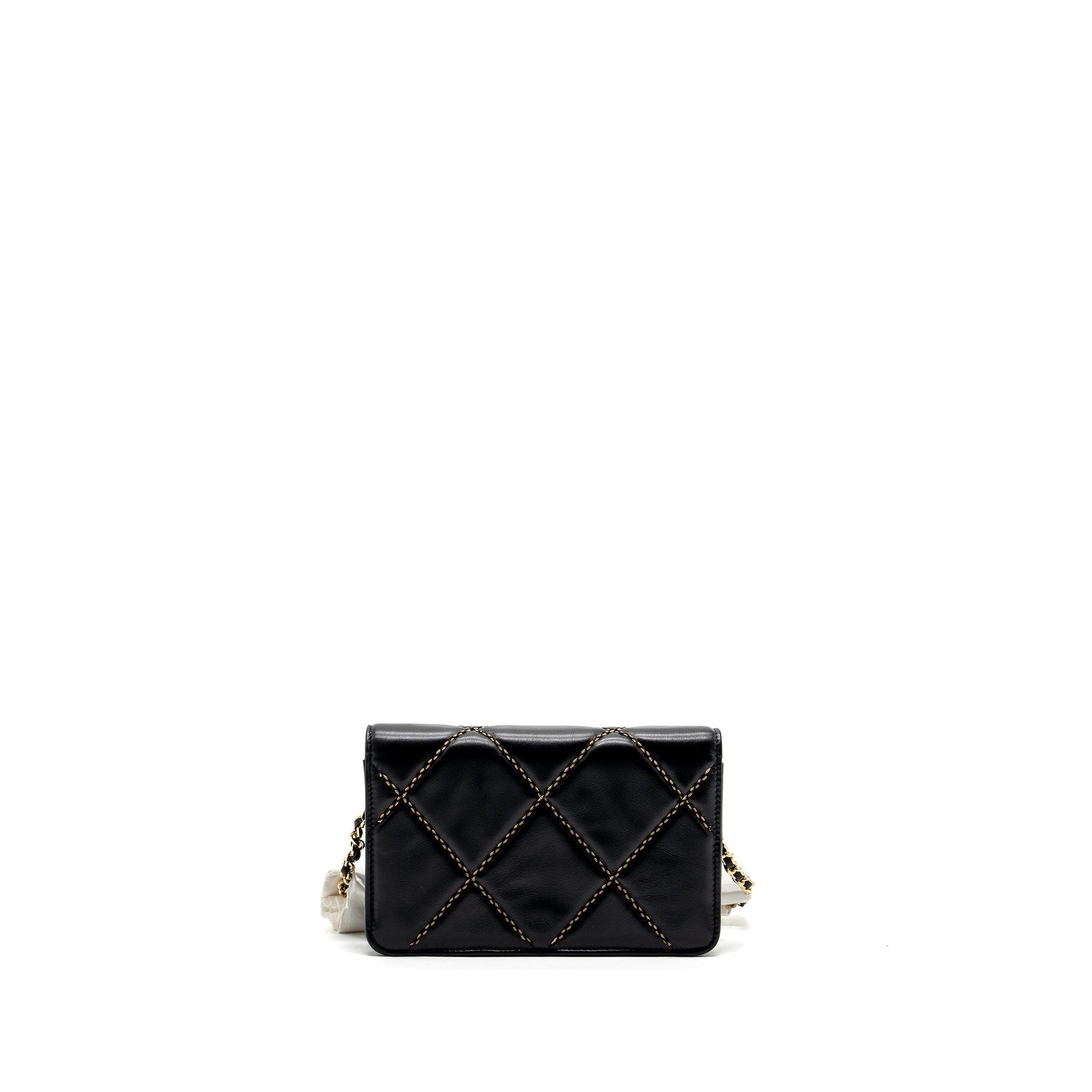 Chanel Quilted on Shiny Calfskin GHW Microchip Black Wallet Case