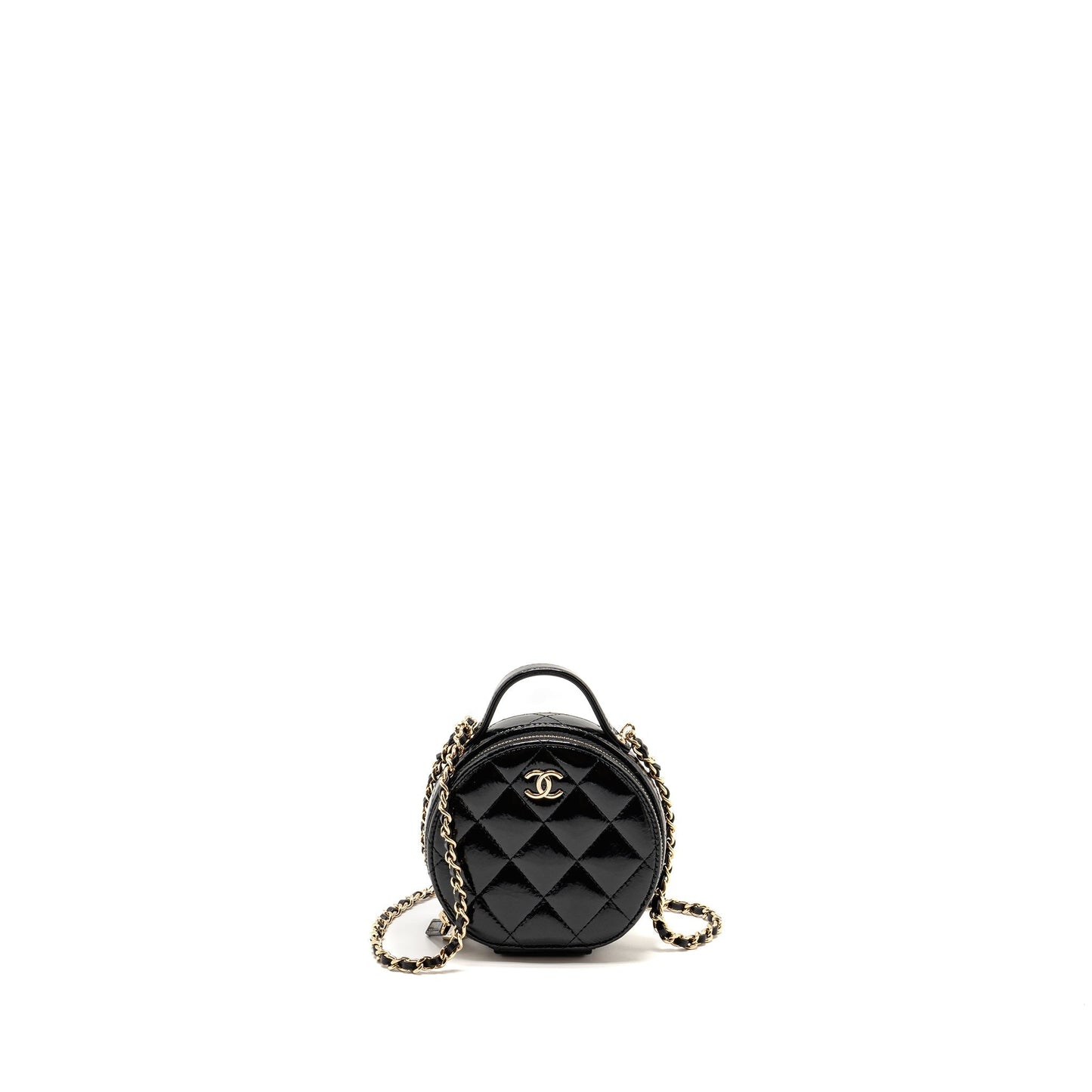 Chanel 22B Top Handle Round Vanity Shiny Black Leather Mini Bag