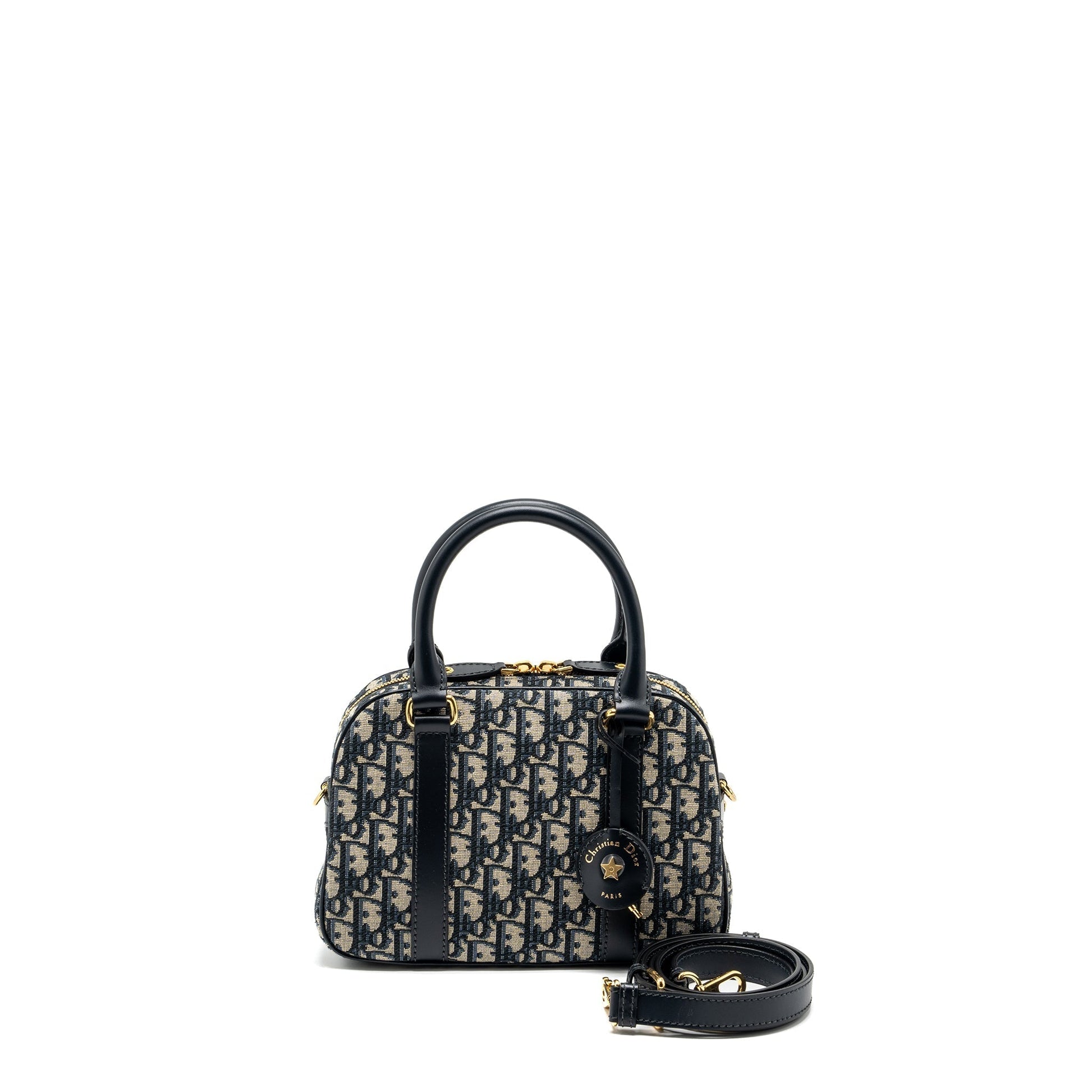 Dior Bowling Purse Oblique Handbag Canvas Blue Travel Bag