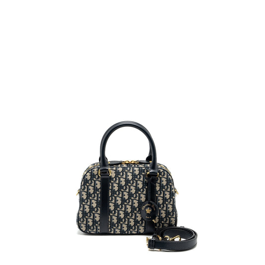 Dior Bowling Purse Oblique Handbag Canvas Blue Travel Bag
