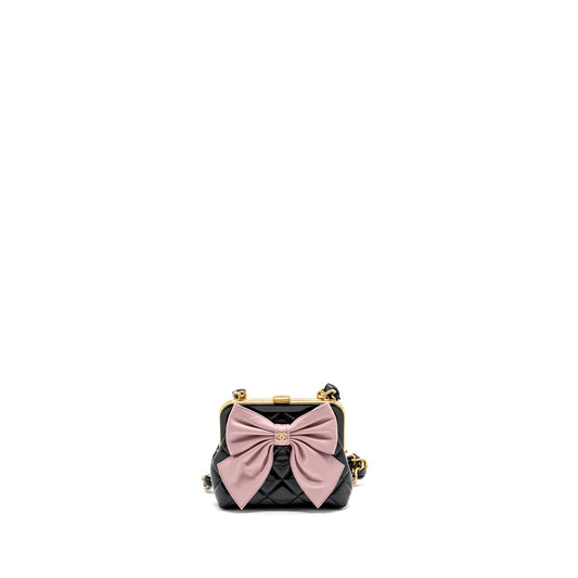 Chanel 24a Bowknot Patent Crumpled Lambskin Shiny Black Pink Clutch Bag Microchip 1